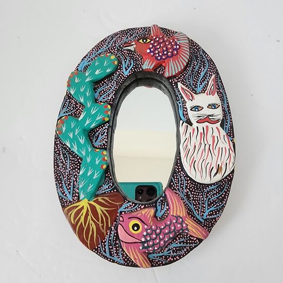 VTG Oaxacan Carved Wood Mirror Frame Oval Handed Paint Fish Cactus Bird Fox 7" - Picture 1 of 14